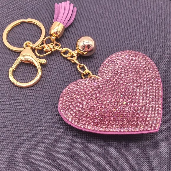 NEW Crystal Rhinestone Purple Heart Purse Charm Key Ring Chain Ring Zipper Gold - Picture 6 of 13